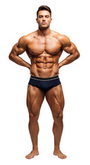 Fototapeta premium Athletic and fit muscular man showing his impressive six-pack abs and strong body in a confident frontal pose for fitness concepts, Isolated on a Transparent Background PNG