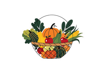 A harvest basket overflowing with colorful autumn fruits and vegetables.