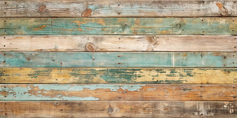 Naklejka premium Rustic wooden planks in varying shades of brown and blue are stacked together, showcasing a weathered appearance that adds vintage charm, perfect for backgrounds or decor