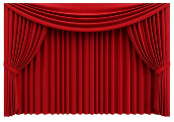 Rich red theater curtains, fluted and draped, create a dramatic stage backdrop.