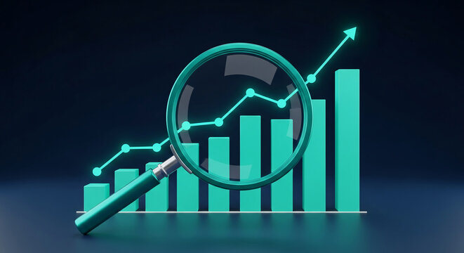 Magnifying glass over teal bar graph with upward trend arrow, showcasing growth, analysis, and success in business