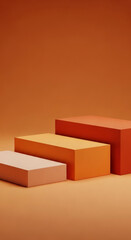 Three rectangular platforms in shades of orange and beige on an orange background, creating a minimalist product display scene, ideal for showcasing products or branding
