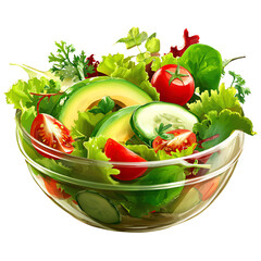 High-Resolution Colorful Fresh Salad Bowl PNG with Mixed Greens, Cherry Tomatoes, Cucumber, and Avocado Slices, Isolated on Transparent White Background