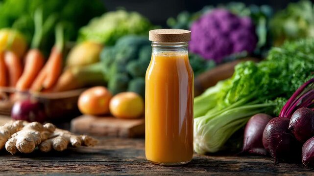 Focused shot of a coldpressed vegetable juice bottle with a variety of blurred colorful veggies around accentuating nutrientrich and detoxifying qualities.