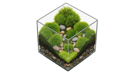 3D Render: Cubic Moss Terrarium, Transparent Background, PNG