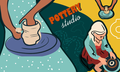 Pottery, workshop, ceramics, studio, collage. Hand drawn line vector illustration.