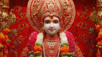A beautifully adorned deity in vibrant attire stands at the temple's center, surrounded by colorful flowers, creating a serene and spiritual atmosphere during the festivities