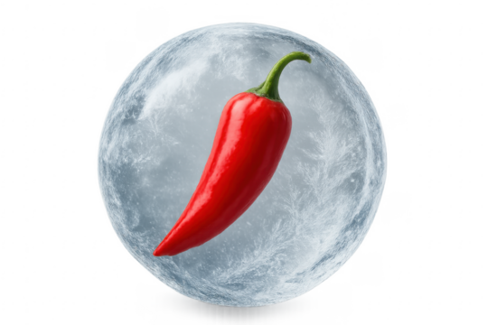 Red hot chili pepper frozen in ice sphere against transparent background