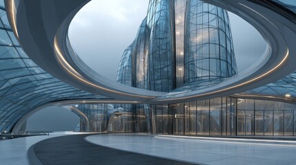 Obraz premium Sleek glass structures rise in an urban setting, illuminated by soft lighting at dusk. The curved lines and open spaces create an inviting atmosphere for visitors