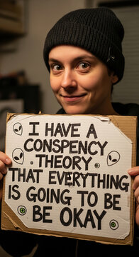 Person holding cardboard sign with handwritten text "I have a conspiracy theory that everything is going to be okay", conveying optimism and humor