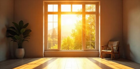 Fototapeta premium Golden hour sunlight streams through a wide open window, illuminating a bright and airy interior space, signifying freedom and the boundless possibilities of daylight , perspective, calm, daylight