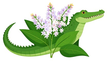 Obraz premium Cute cartoon alligator holding a beautiful bouquet of purple flowers and green leaves.