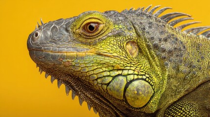 Obraz premium A striking green iguana is positioned against a vivid yellow backdrop. The focus on its intricate scales and piercing eyes reveals its unique textures and characteristics