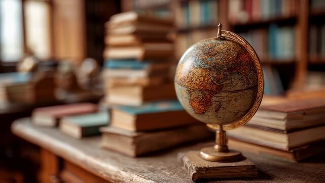 Focused medium shot of a vintage globe on a study desk surrounded by blurred stacks of textbooks and library shelves evoking curiosity and exploration themes.