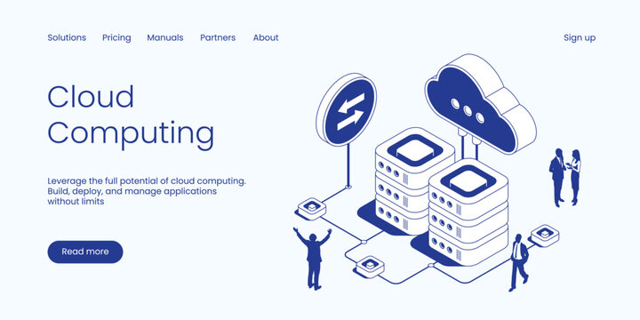 Cloud computing infrastructure with server racks, data exchange arrows, and connected cloud storage. Technology isometric 3d line vector illustration.