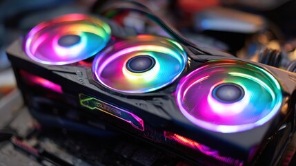 A graphics card featuring three vibrant RGB cooling fans is displayed on a cluttered workbench. The intricate details highlight advanced technology and design, perfect for enthusiasts