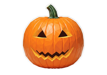 Obraz premium A stylized, low-poly pumpkin with a carved jack-o'-lantern face, set against a stark black background, showcasing a vibrant orange hue.