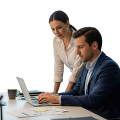 Team collaboration business professionals working together on laptop computer transparent background