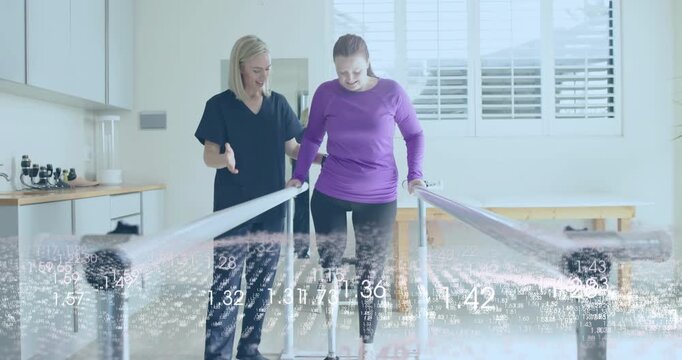 Patient gripping bars starting gait while therapist aligning prosthesis measuring metrics in rehab