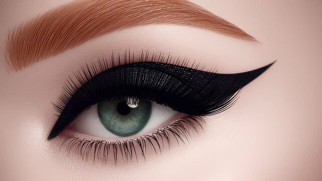 Close-up of an eye showcasing intricate eyeliner application, highlighting the vibrant iris and dramatic lashes, capturing the artistry of makeup in a seamless motion sequence