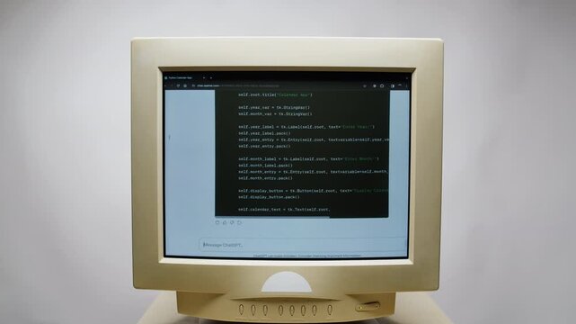 Retro pc with loading code console, programmer making scripts, green basic screen, Old computer studio close-up, Desktop vintage retro wave display, late 90s PC.