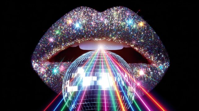 Brightly colored lips covered in glitter open to reveal a shining disco ball. Rainbow beams of light radiate from the ball, creating an energetic atmosphere for a lively nighttime celebration