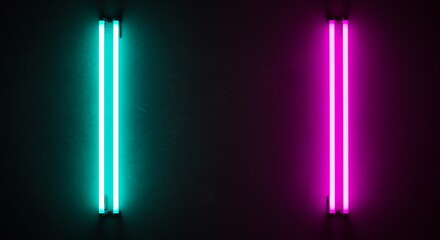 Neon Lights Teal Pink Dark Background Wall purple blue fluorescent tubes glow texture modern minimalist edgy vibrant color contrast design