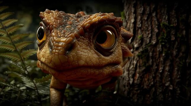 A small cute dinosaur peeks out from behind the tree generative ai