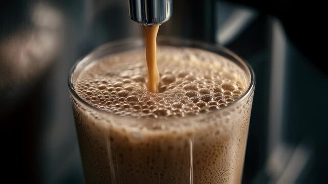 Focused medium shot reveals frothy oat latte flowing dynamically from a sleek nitro dispenser intricate bubble patterns clear against a tastefully blurred backdrop for stylish pour