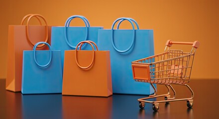 Shopping bags and miniature shopping cart on a warm orange background