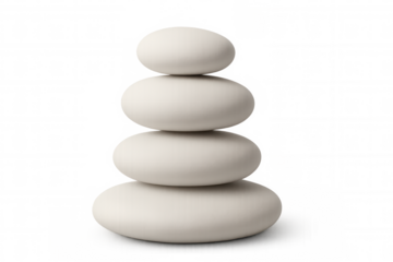 Four white stones in perfect balance on a clear background, evoking a sense of tranquility and equilibrium