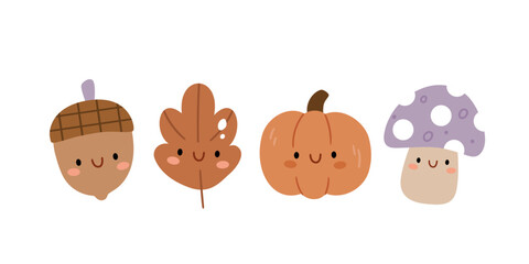 Adorable autumn vector set featuring smiling acorn, leaf, pumpkin, and mushroom. Perfect for seasonal stickers, kids’ prints, greeting cards, and fall decorations.
