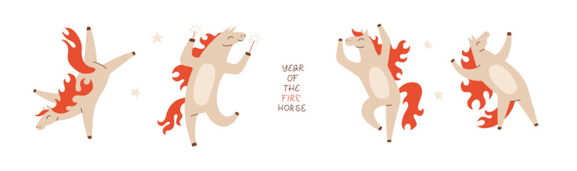 Happy Chinese new year 2026 party characters set. Cute horses celebrating. Animal zodiac cartoon horses with fiery mane. Flat vector hand draw illustration.