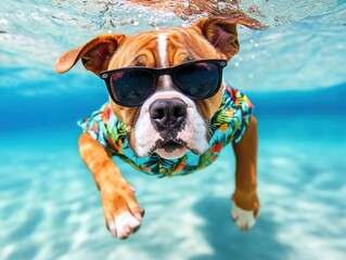 A cool dog wearing sunglasses and a Hawaiian shirt swims underwater in clear blue ocean water, enjoying a tropical vacation.