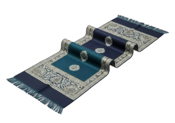 Ornate,  hand-crafted rug, featuring rich teal and navy blue tones, adorned with intricate gold patterns and delicate fringe.