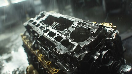 Massive robotic arms placing engine blocks extreme precision foggy factory