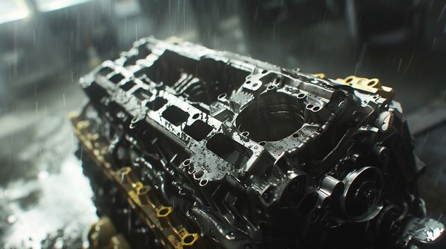 Massive robotic arms placing engine blocks extreme precision foggy factory - Powered by Adobe