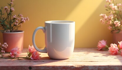 Fototapeta premium Realistic blank mug mockup with colorful wooden desk and flowers, high detail ceramic branding design template for promotional product and packaging presentation