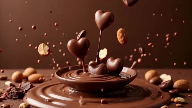 Chocolate Hearts and Nuts Splashing into Melted Chocolate hazelnut almond