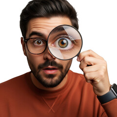 Man's eye magnified through a magnifying glass expressing surprise and discovery transparent background