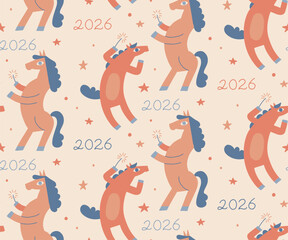 Seamless pattern with horse characters celebrating New year party on pastel color background. Happy Chinese new year of the Horse 2026, flyers, poster and banner. Flat vector illustration.