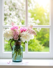 Delicate flowers in a vase on a windowsill