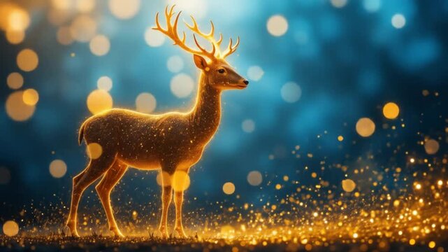 Beautiful golden deer silhouette with glowing particles, standing on the right side of an abstract blue background, swirls of sparkling golden dust and bokeh lights. 4k video