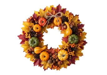 A vibrant autumn wreath, crafted from colorful leaves, mini gourds, pumpkins, pinecones, and berries, displays a festive and seasonal design against a dark background.