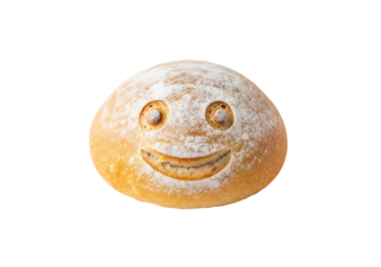 A round loaf of bread is decorated with a cheerful smiley face, showcasing a delightful artistic design.