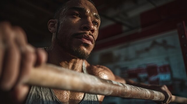 Sweaty sportsman exercising on parallel bars, showcasing strength and unwavering dedication during an intense workout session in the gym, embodying the spirit of fitness and determination