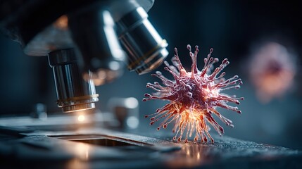 Microscope closely examining a coronavirus cell, revealing intricate details of the virus while conducting vital medical research in a 3d rendered illustration