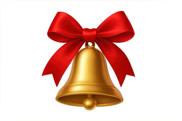 Shiny golden bell with red bow on transparent background
