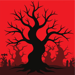 Eerie Halloween night graveyard silhouette with gnarled trees creating a spooky and haunting atmosphere, perfect for seasonal designs and horror themes