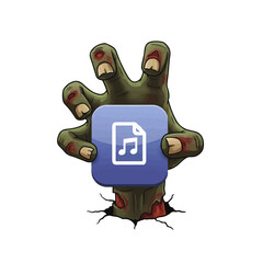 Terrifying zombie hand bursting through ground holding a music file icon, spooky halloween theme for graphic design and horror event promotions